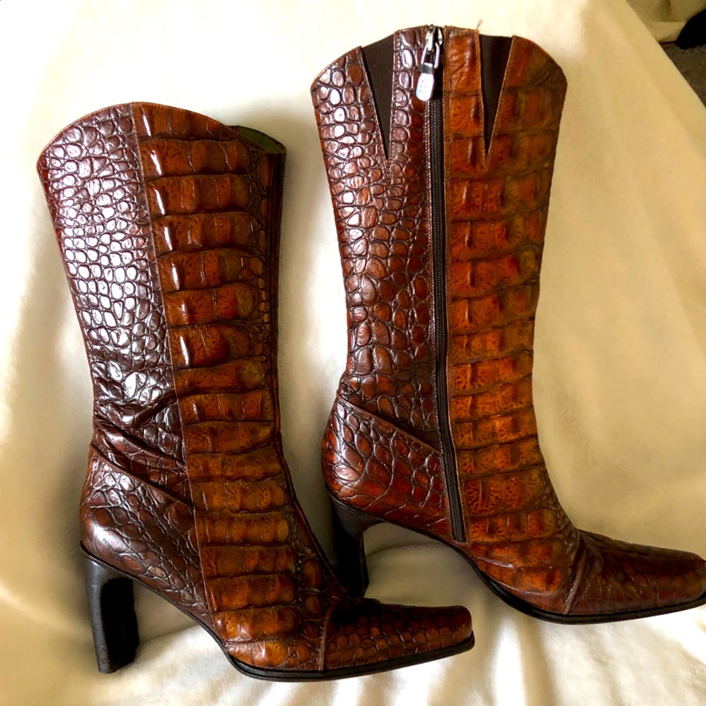 Crocodile print calve high boots